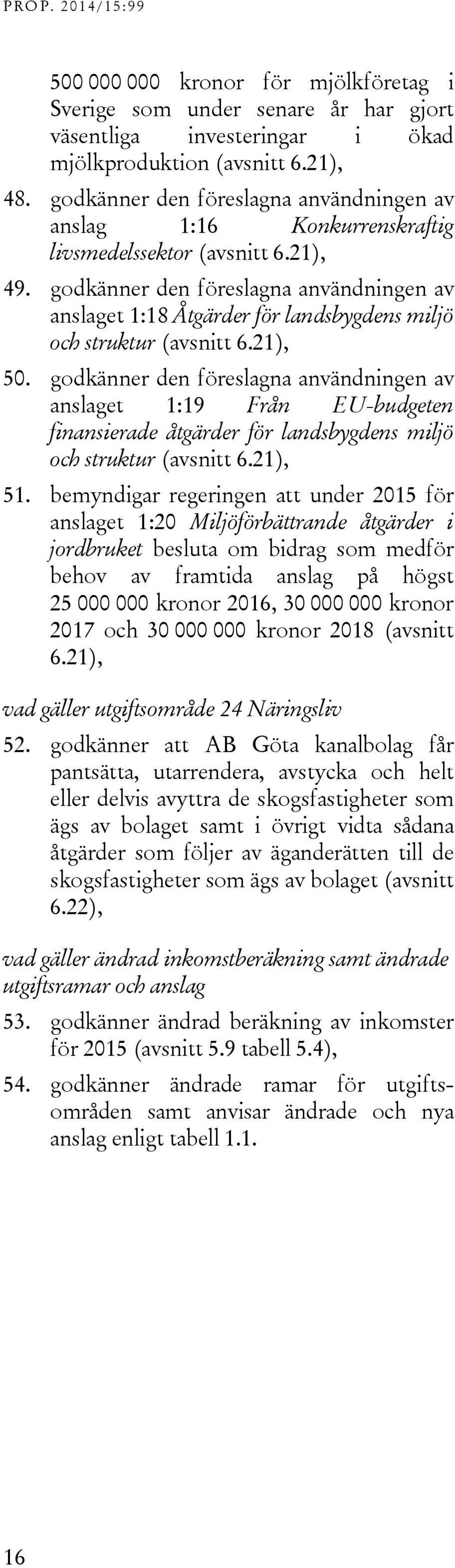 godkänner den föreslagna användningen av anslaget 1:18 Åtgärder för landsbygdens miljö och struktur (avsnitt 6.21), 50.