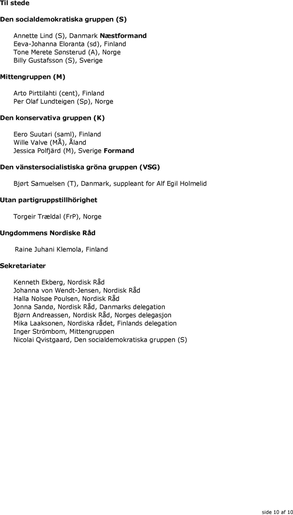 vänstersocialistiska gröna gruppen (VSG) Bjørt Samuelsen (T), Danmark, suppleant for Alf Egil Holmelid Utan partigruppstillhörighet Torgeir Trældal (FrP), Norge Ungdommens Nordiske Råd Raine Juhani