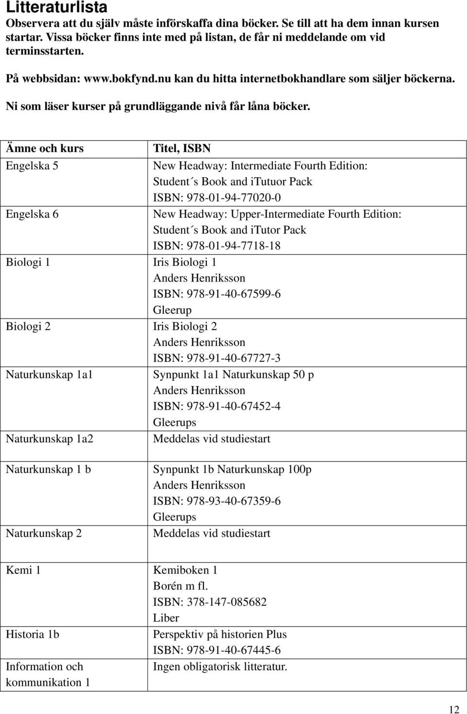 Ämne och kurs Engelska 5 Engelska 6 Titel, ISBN New Headway: Intermediate Fourth Edition: Student s Book and itutuor Pack ISBN: 978-01-94-77020-0 New Headway: Upper-Intermediate Fourth Edition: