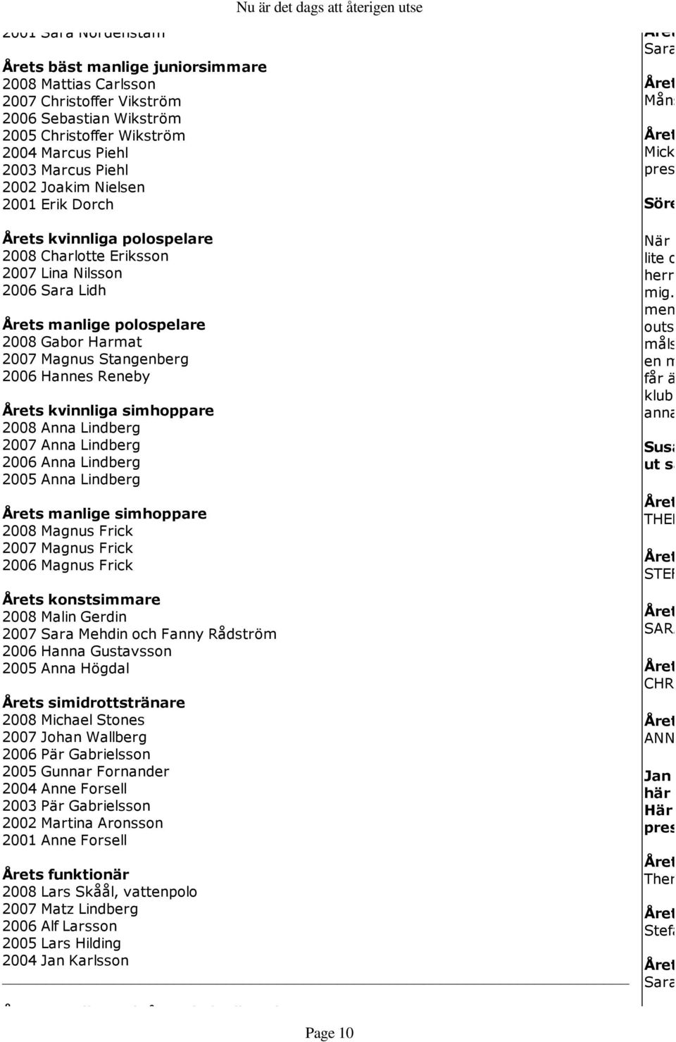 Årets kvinnliga simhoppare 2008 Anna Lindberg 2007 Anna Lindberg 2006 Anna Lindberg 2005 Anna Lindberg Årets manlige simhoppare 2008 Magnus Frick 2007 Magnus Frick 2006 Magnus Frick Årets