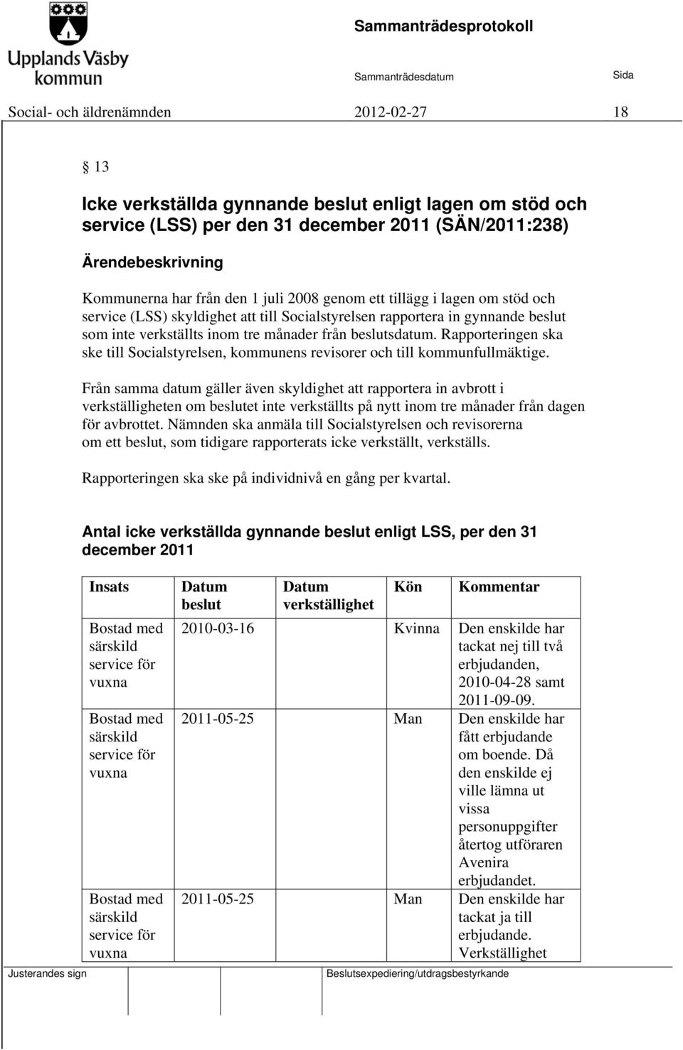 Rapporteringen ska ske till Socialstyrelsen, kommunens revisorer och till kommunfullmäktige.