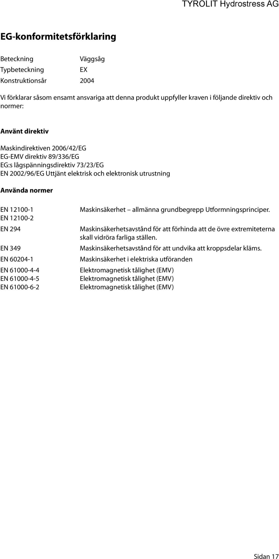 294 EN 349 EN 60204-1 EN 61000-4-4 EN 61000-4-5 EN 61000-6-2 Maskinsäkerhet allmänna grundbegrepp Utformningsprinciper.