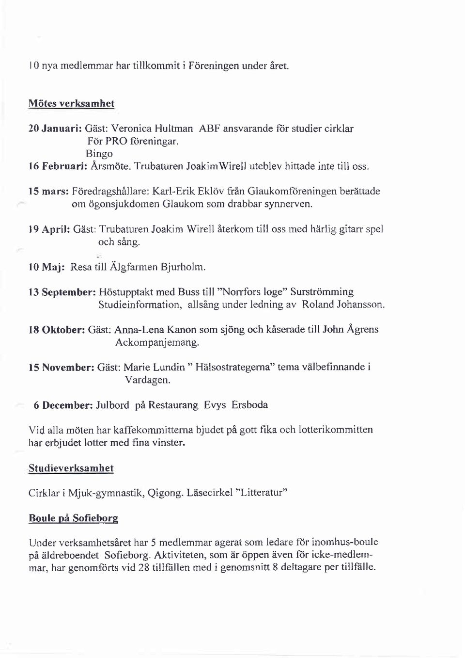 l9 April: Gäst: Trubaturen Joakim Wirell återkom till oss ured härlig gitarr spel och sång. l0 Mai: Resa till Älglannen BjurhoJrn.