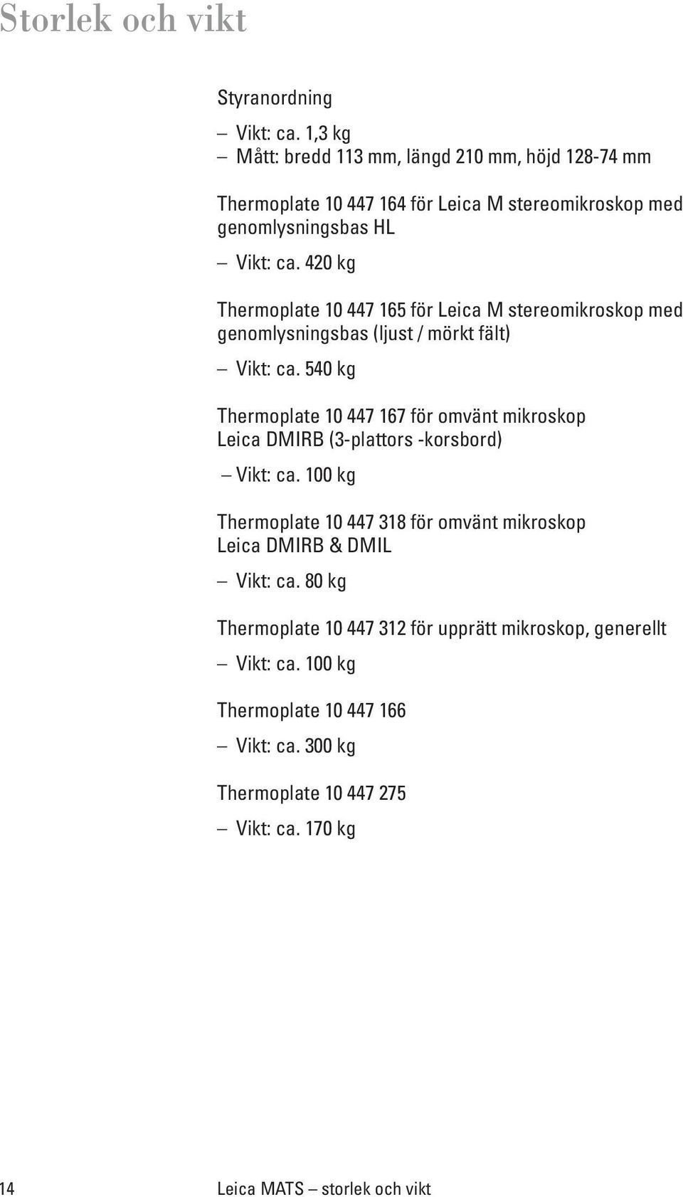 420 kg Thermoplate 10 447 165 för Leica M stereomikroskop med genomlysningsbas (ljust / mörkt fält) Vikt: ca.