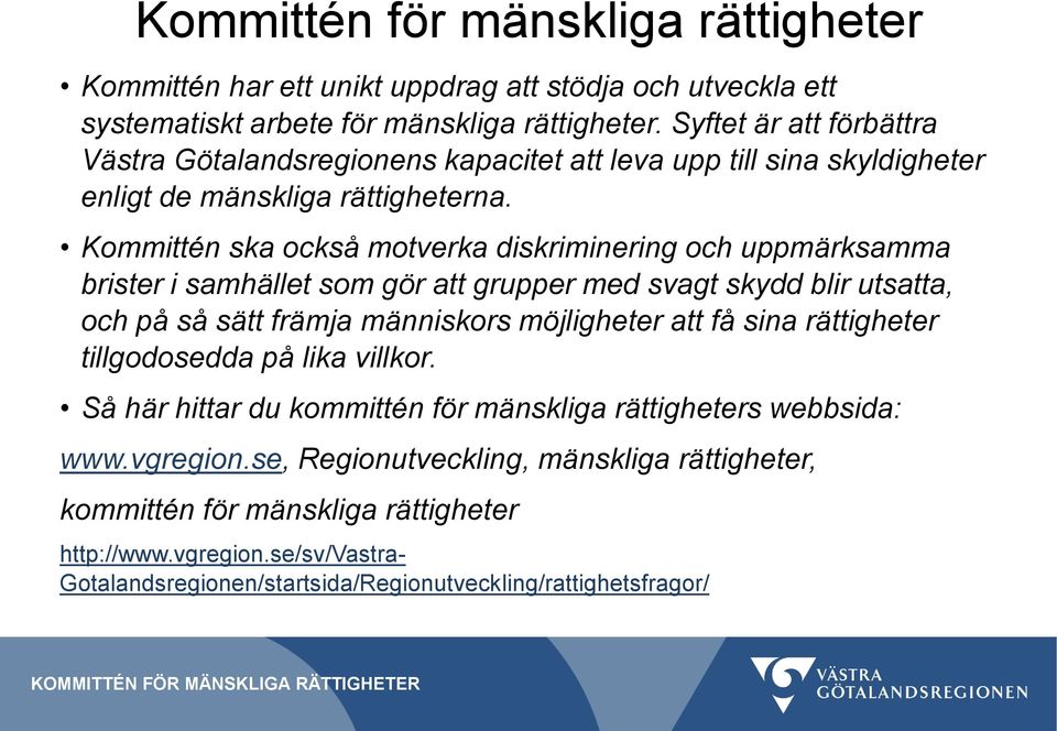 Kommittén ska också motverka diskriminering och uppmärksamma brister i samhället som gör att grupper med svagt skydd blir utsatta, och på så sätt främja människors möjligheter att få sina