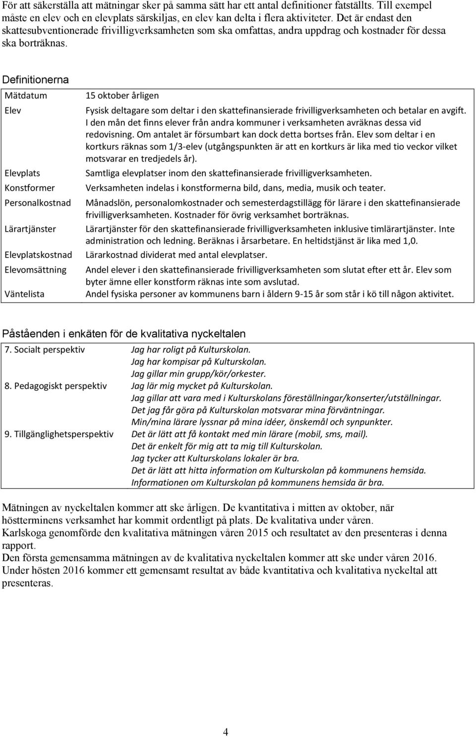 Definitionerna Mätdatum Elev Elevplats Konstformer Personalkostnad Lärartjänster Elevplatskostnad Elevomsättning Väntelista 15 oktober årligen Fysisk deltagare som deltar i den skattefinansierade