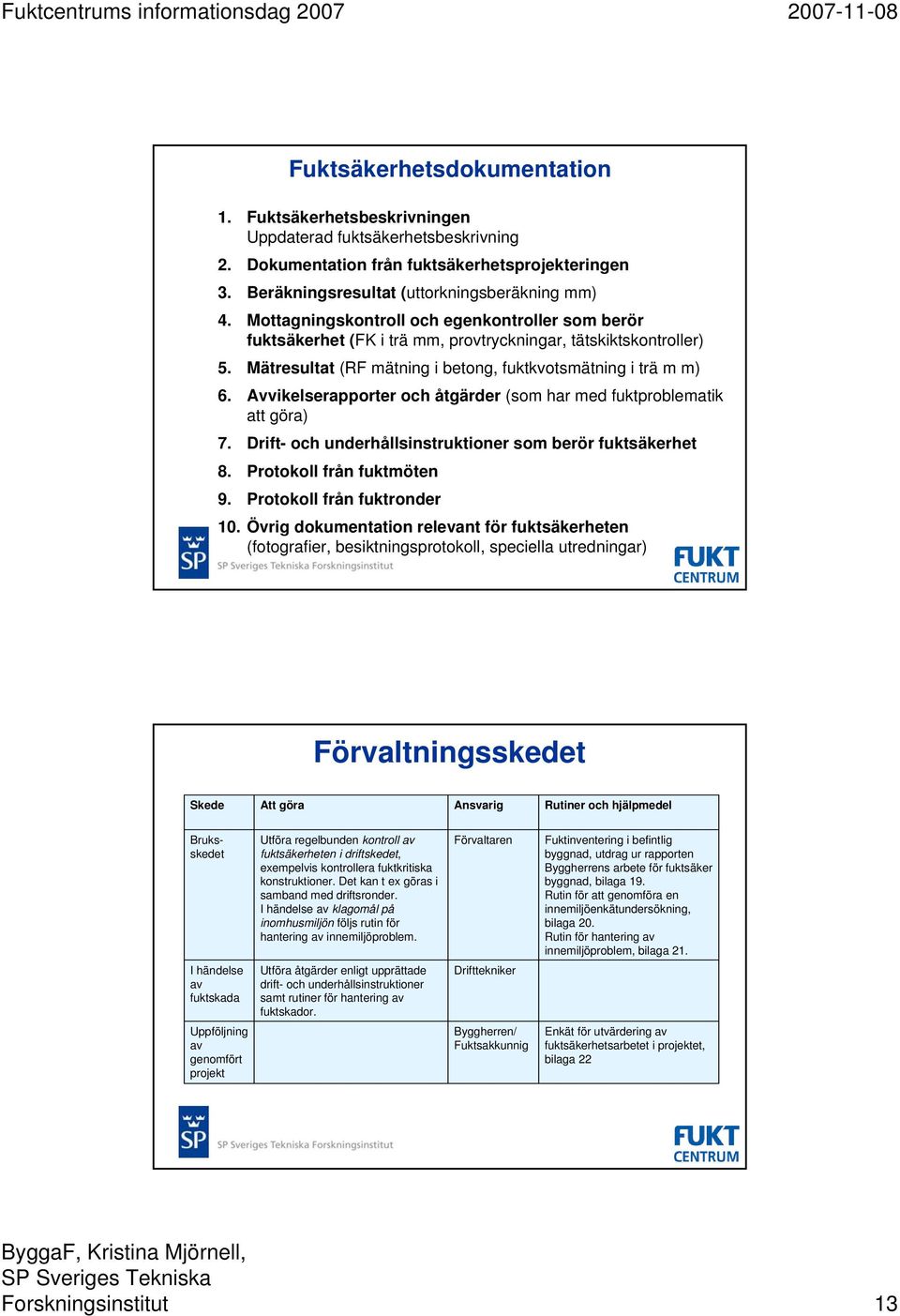 Avvikelserapporter och åtgärder (som har med fuktproblematik att göra) 7. Drift- och underhållsinstruktioner som berör fuktsäkerhet 8. Protokoll från fuktmöten 9. Protokoll från fuktronder 10.