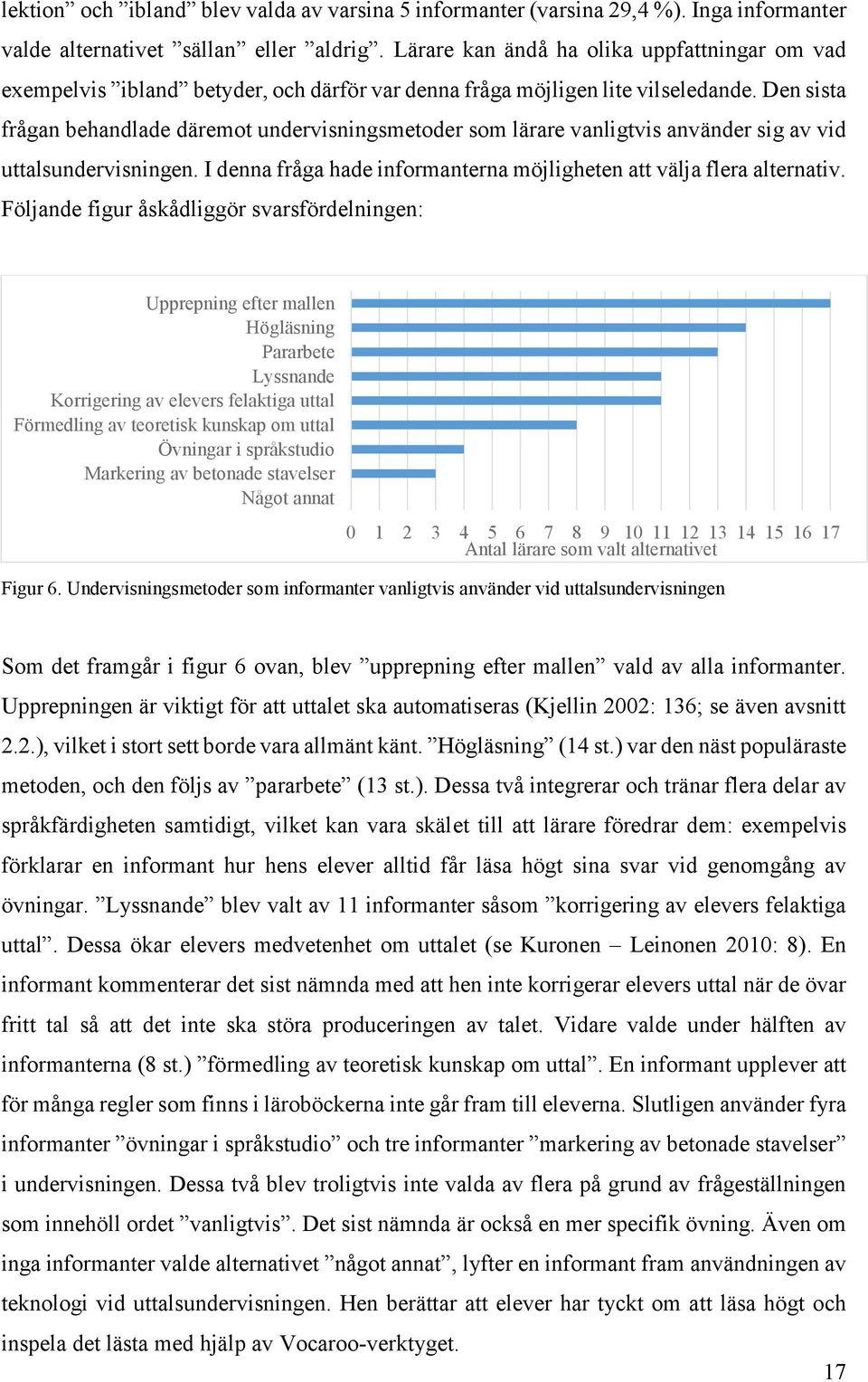 Den sista frågan behandlade däremot undervisningsmetoder som lärare vanligtvis använder sig av vid uttalsundervisningen. I denna fråga hade informanterna möjligheten att välja flera alternativ.