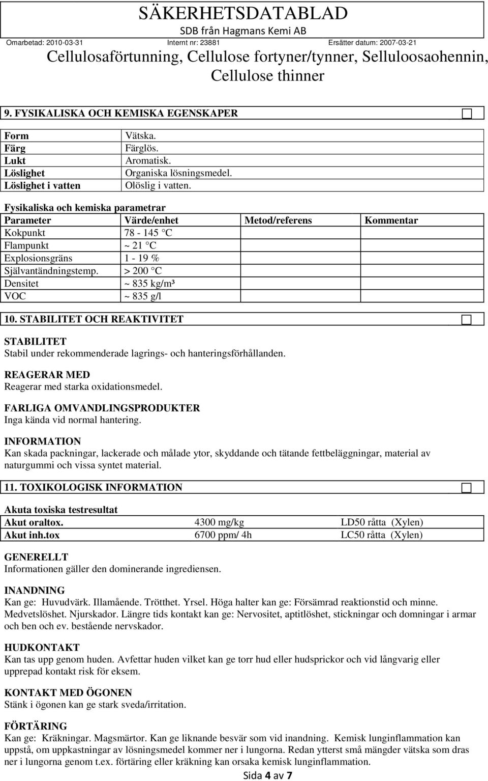 > 200 C Densitet ~ 835 kg/m³ VOC ~ 835 g/l 10. STABILITET OCH REAKTIVITET STABILITET Stabil under rekommenderade lagrings- och hanteringsförhållanden. REAGERAR MED Reagerar med starka oxidationsmedel.