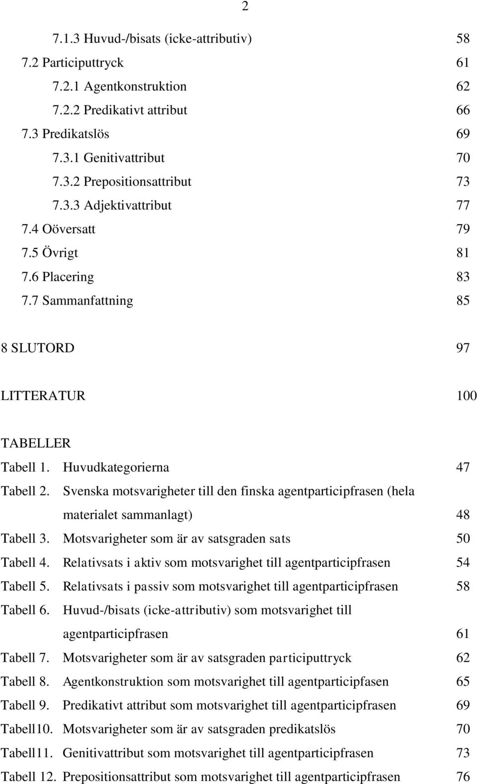 Svenska motsvarigheter till den finska agentparticipfrasen (hela materialet sammanlagt) 48 Tabell 3. Motsvarigheter som är av satsgraden sats 50 Tabell 4.