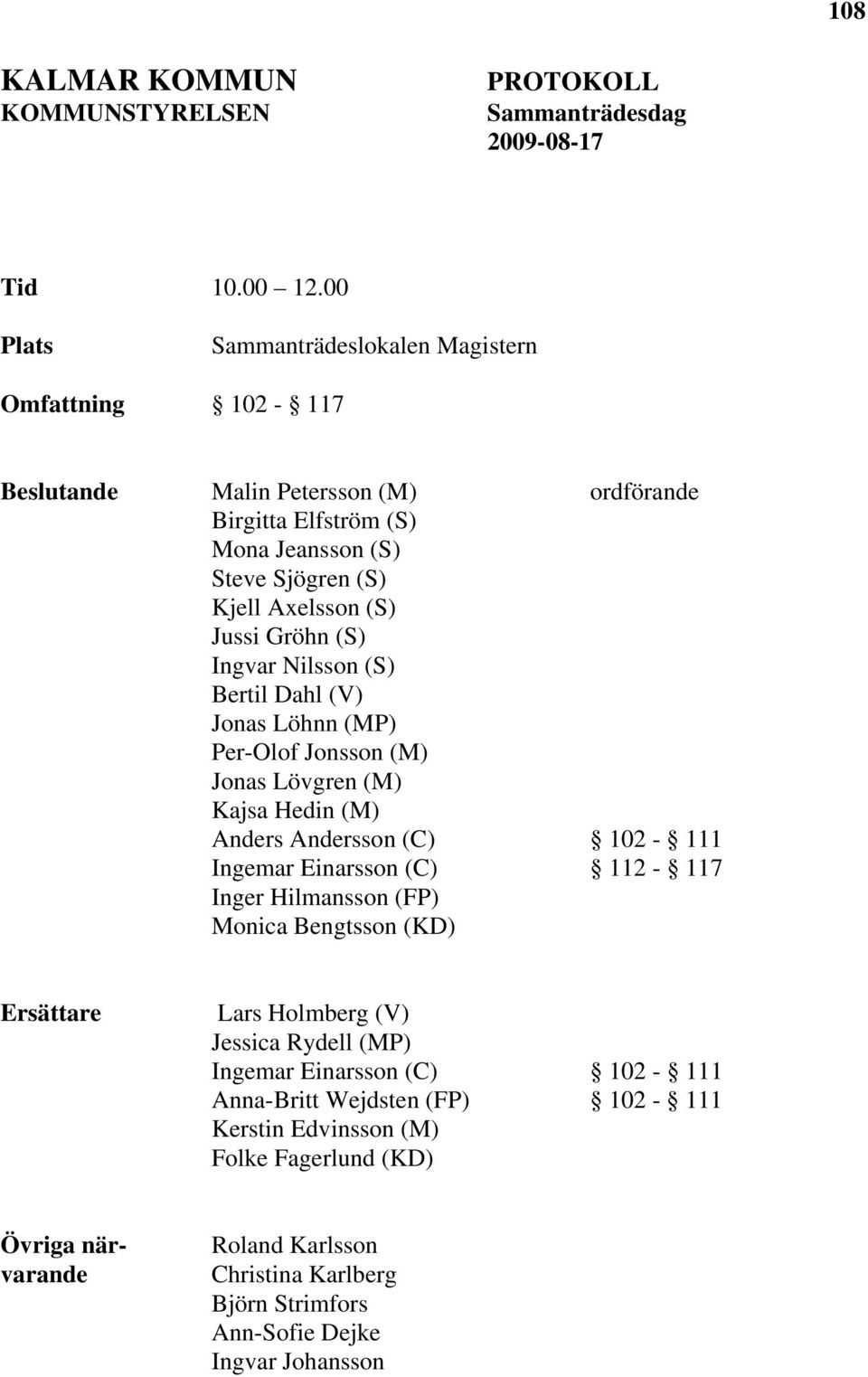 (S) Ingvar Nilsson (S) Bertil Dahl (V) Jonas Löhnn (MP) Per-Olof Jonsson (M) Jonas Lövgren (M) Kajsa Hedin (M) Anders Andersson (C) 102-111 Ingemar Einarsson (C) 112-117 Inger