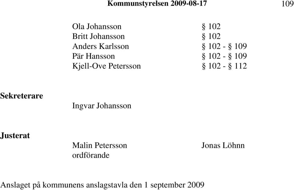102-112 Sekreterare Ingvar Johansson Justerat Malin Petersson