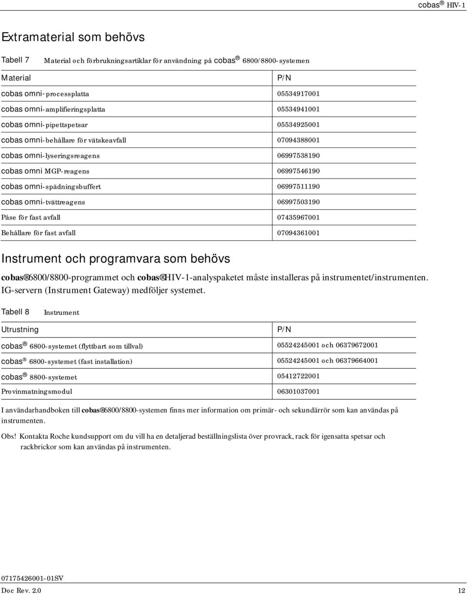 omni-spädningsbuffert 06997511190 cobas omni-tvättreagens 06997503190 Påse för fast avfall 07435967001 Behållare för fast avfall 07094361001 Instrument och programvara som behövs cobas