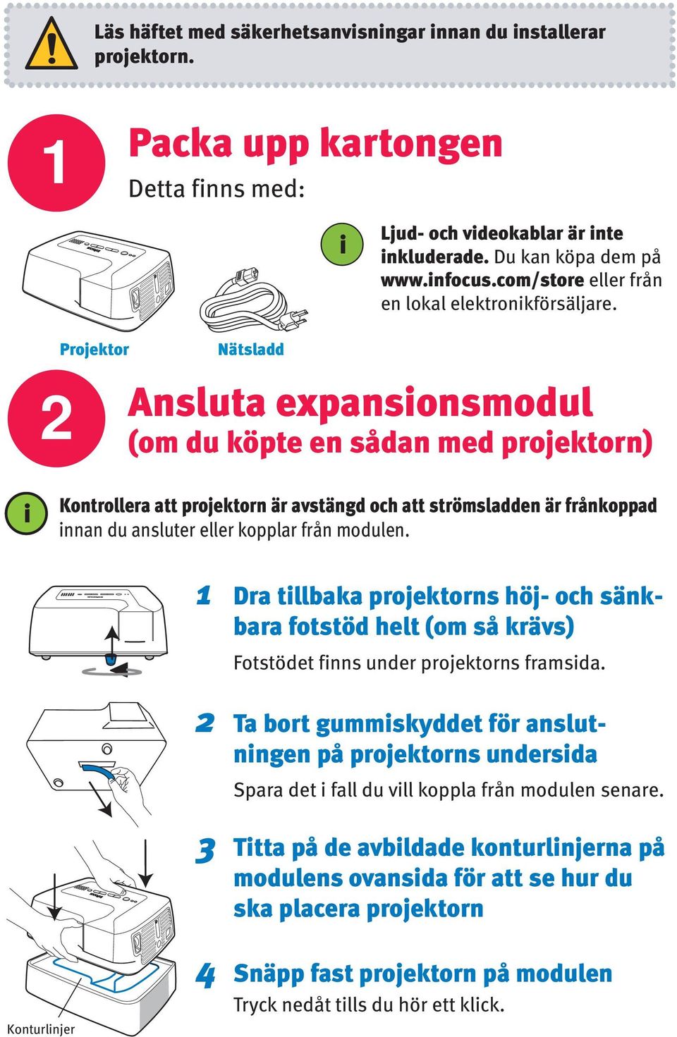 Projektor Nätsladd Ansluta expansonsmodul (om du köpte en sådan med projektorn) Kontrollera att projektorn är avstängd och att strömsladden är frånkoppad nnan du ansluter eller kopplar från modulen.