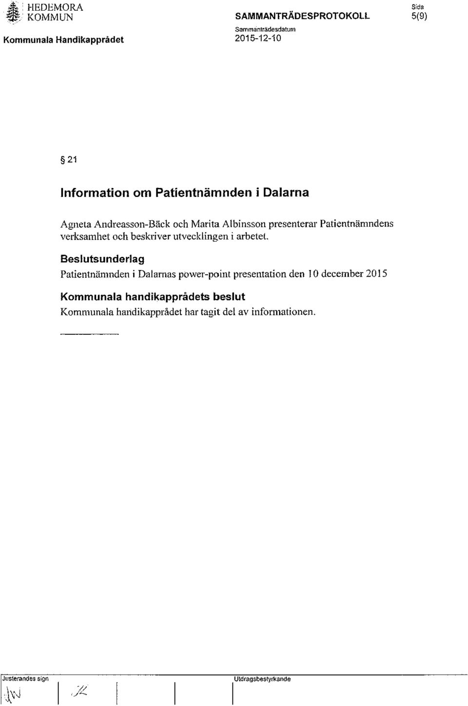 Besluts underlag Patientnämnden i Dalarnas power-point presentation den 10 december 2015