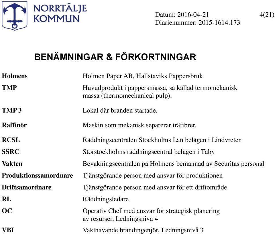 RCSL SSRC Vakten Produktionssamordnare Driftsamordnare RL OC Räddningscentralen Stockholms Län belägen i Lindvreten Storstockholms räddningscentral belägen i Täby Bevakningscentralen