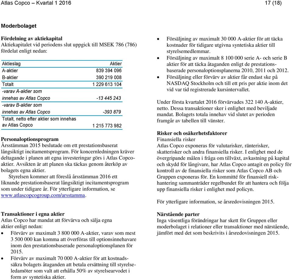 Copco 1 215 773 982 Personaloptionsprogram Årsstämman beslutade om ett prestationsbaserat långsiktigt incitamentsprogram.