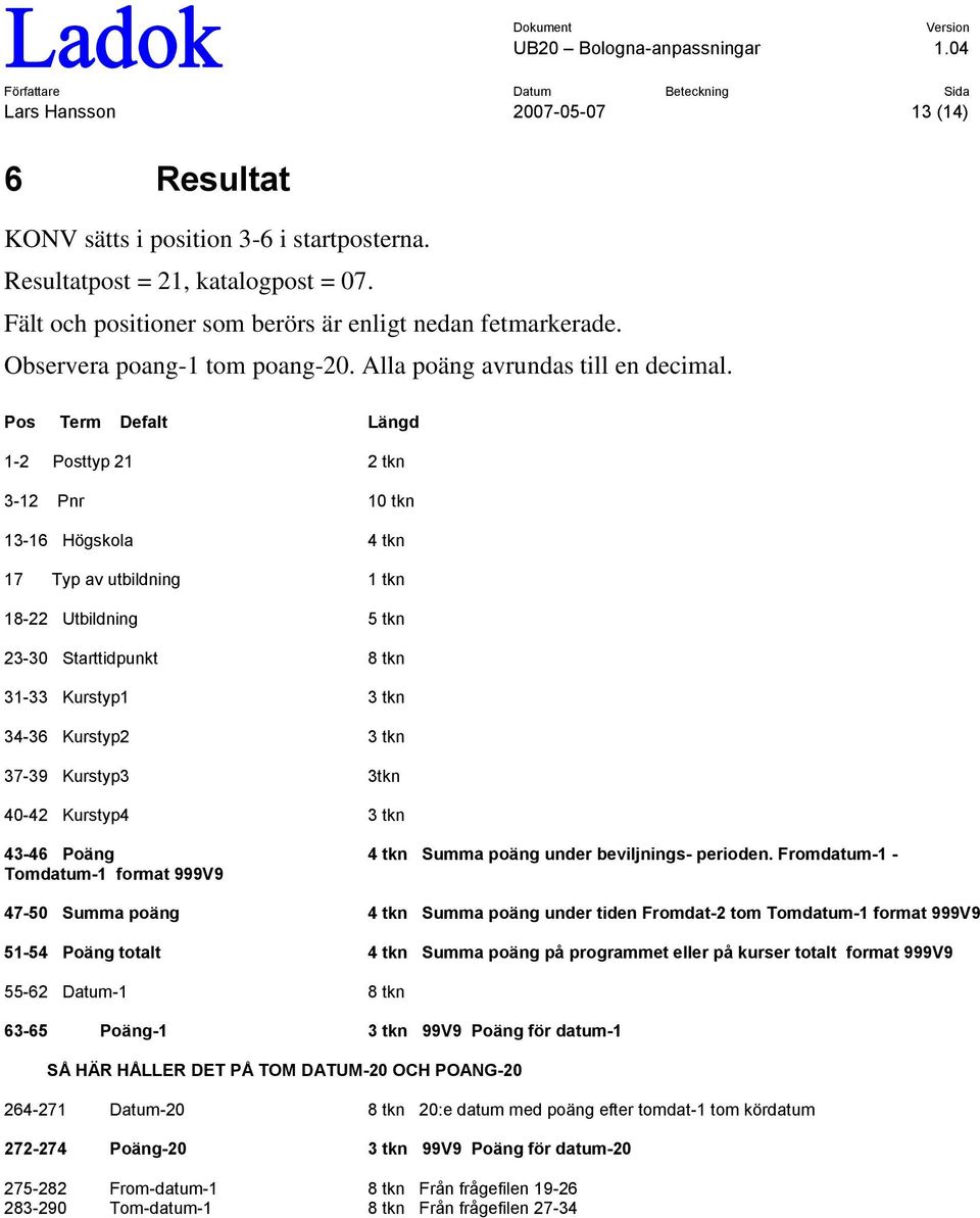 Pos Term Defalt Längd 1-2 Posttyp 21 2 tkn 3-12 Pnr 10 tkn 13-16 Högskola 4 tkn 17 Typ av utbildning 1 tkn 18-22 Utbildning 5 tkn 23-30 Starttidpunkt 8 tkn 31-33 Kurstyp1 3 tkn 34-36 Kurstyp2 3 tkn