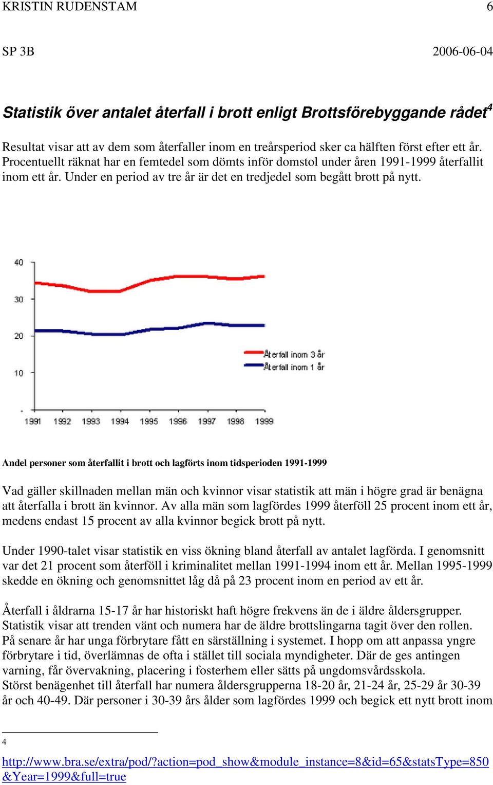 Andel personer som återfallit i brott och lagförts inom tidsperioden 1991-1999 Vad gäller skillnaden mellan män och kvinnor visar statistik att män i högre grad är benägna att återfalla i brott än