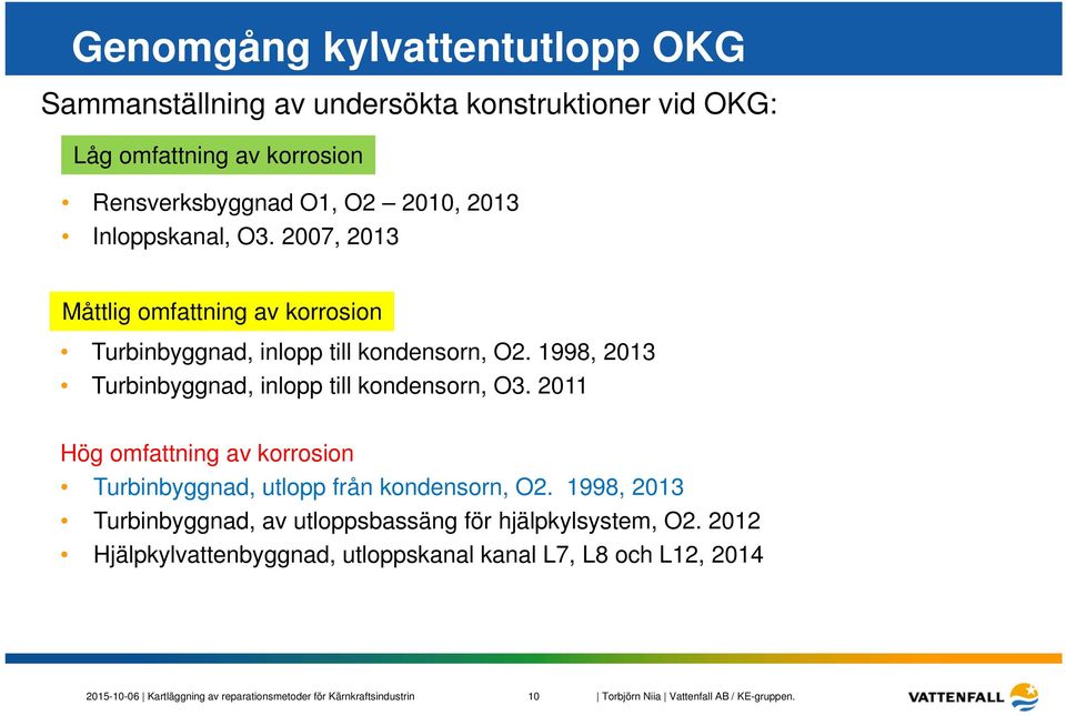 1998, 2013 Turbinbyggnad, inlopp till kondensorn, O3. 2011 Hög omfattning av korrosion Turbinbyggnad, utlopp från kondensorn, O2.