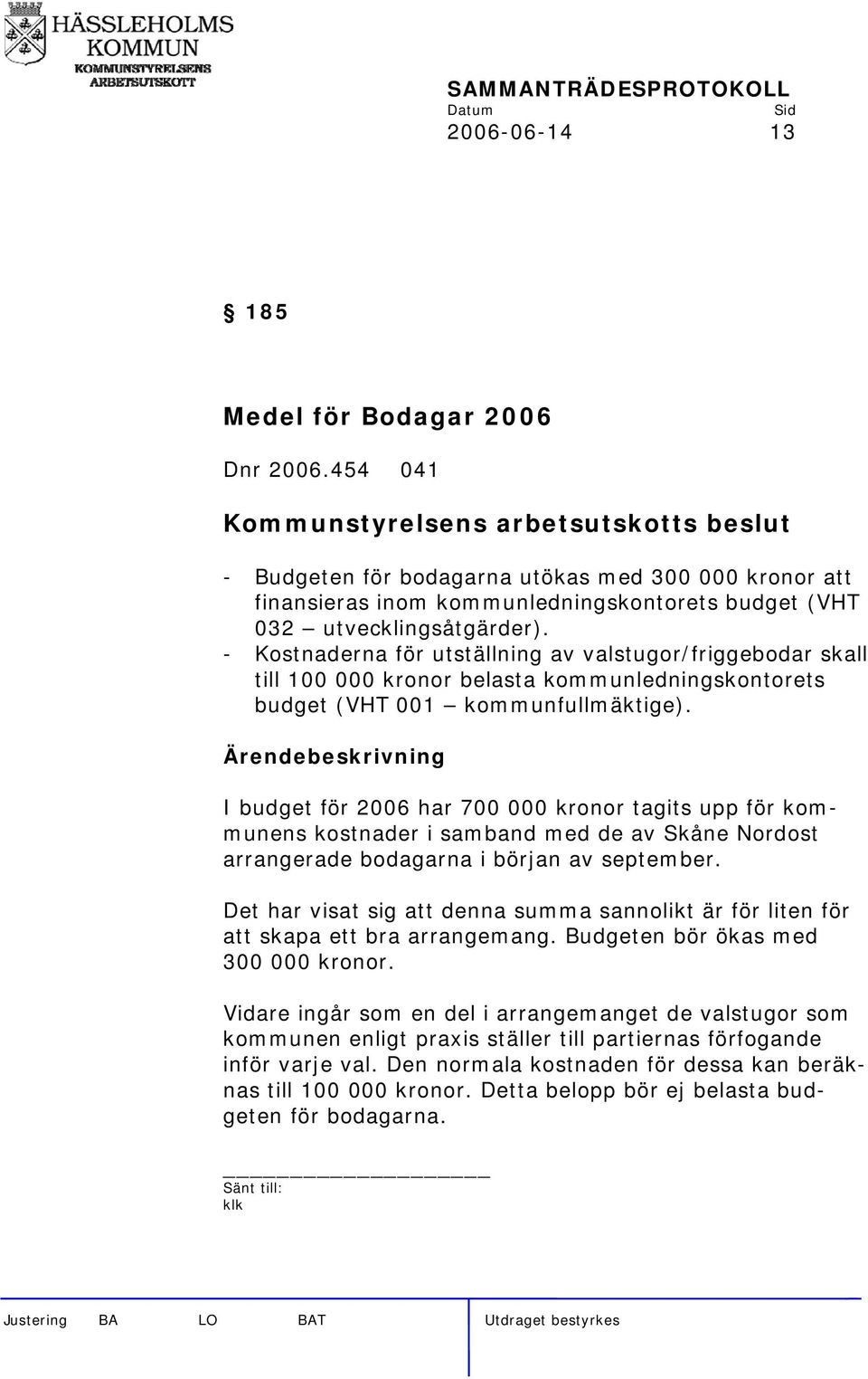 I budget för 2006 har 700 000 kronor tagits upp för kommunens kostnader i samband med de av Skåne Nordost arrangerade bodagarna i början av september.