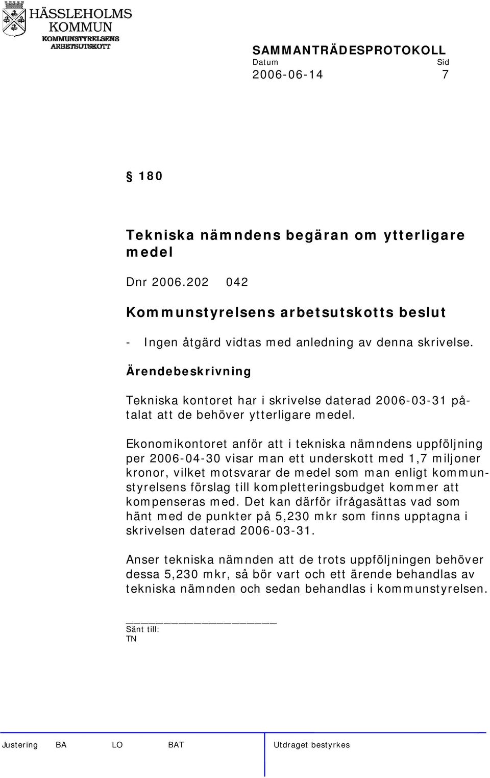 Ekonomikontoret anför att i tekniska nämndens uppföljning per 2006-04-30 visar man ett underskott med 1,7 miljoner kronor, vilket motsvarar de medel som man enligt kommunstyrelsens förslag