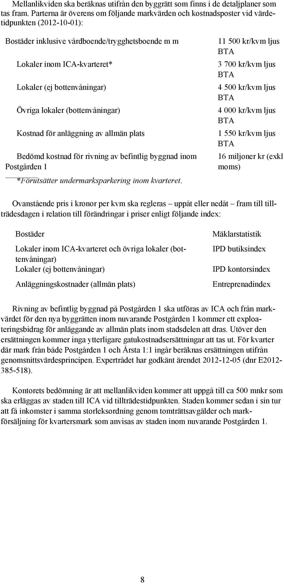 bottenvåningar) Övriga lokaler (bottenvåningar) Kostnad för anläggning av allmän plats Bedömd kostnad för rivning av befintlig byggnad inom Postgården 1 *Förutsätter undermarksparkering inom