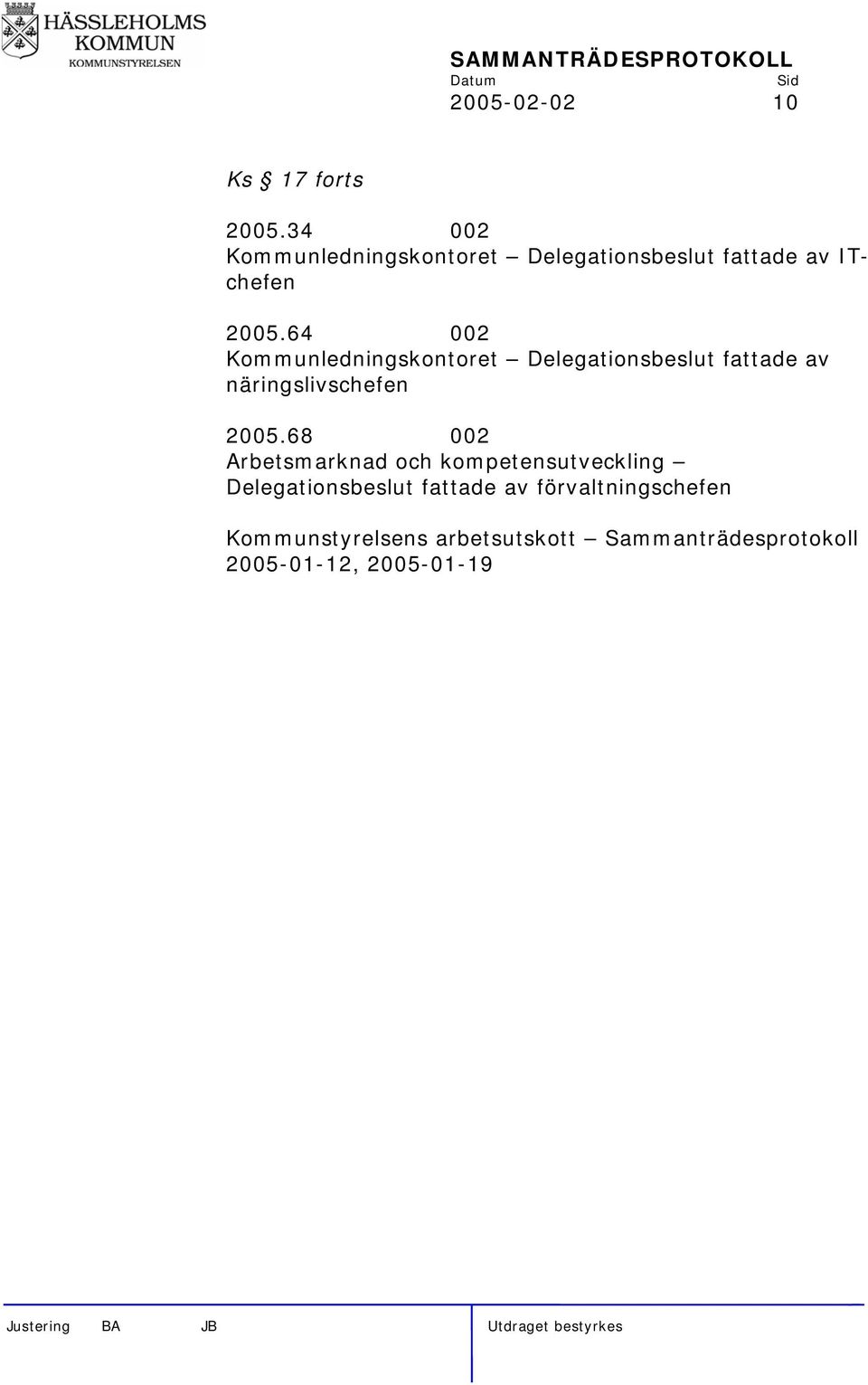 64 002 Kommunledningskontoret Delegationsbeslut fattade av näringslivschefen 2005.