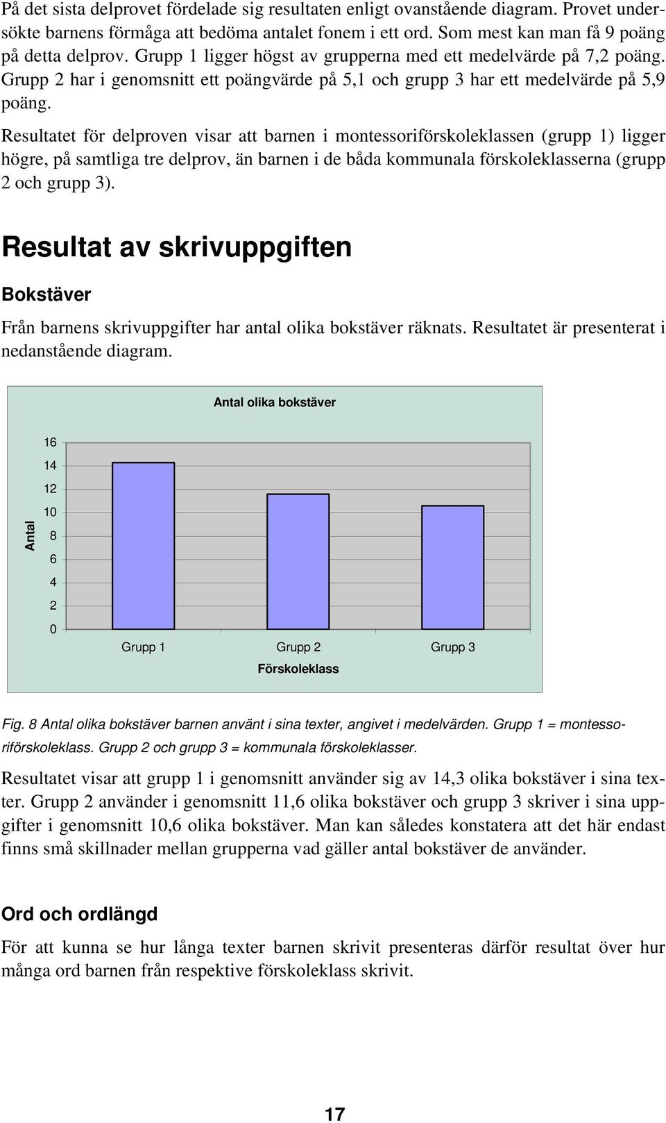 Resultatet för delproven visar att barnen i montessoriförskoleklassen (grupp 1) ligger högre, på samtliga tre delprov, än barnen i de båda kommunala förskoleklasserna (grupp 2 och grupp 3).