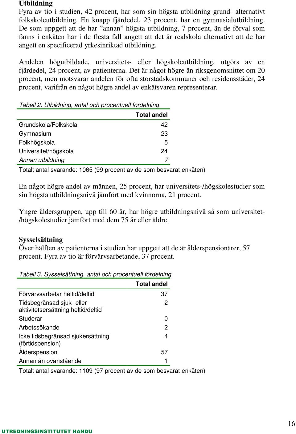 yrkesinriktad utbildning. Andelen högutbildade, universitets- eller högskoleutbildning, utgörs av en fjärdedel, 24 procent, av patienterna.