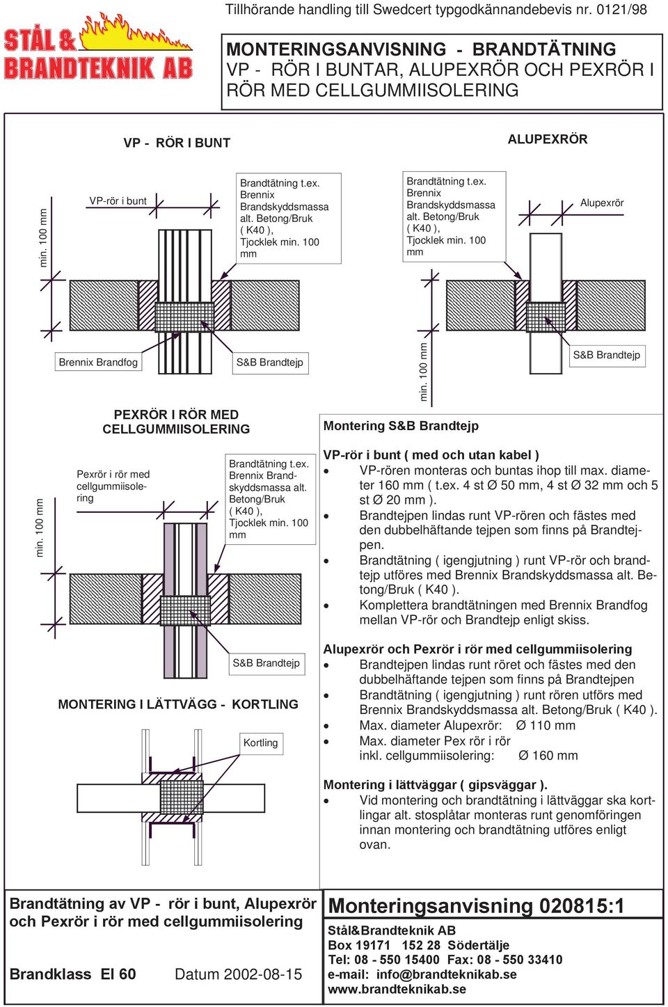 Brennix Brandskyddsmassa alt. Betong/Bruk ( K40 ), Tjocklek min. 100 mm Brandtätning t.ex. Brennix Brandskyddsmassa alt. Betong/Bruk ( K40 ), Tjocklek min. 100 mm Alupexrör Brennix Brandfog PEXRÖR I RÖR MED CELLGUMMIISOLERING S&B Brandtejp min.