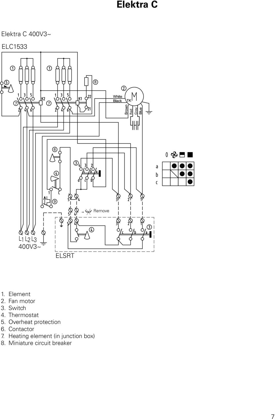 Thermostat 5. Overheat protection 6. Contactor 7.