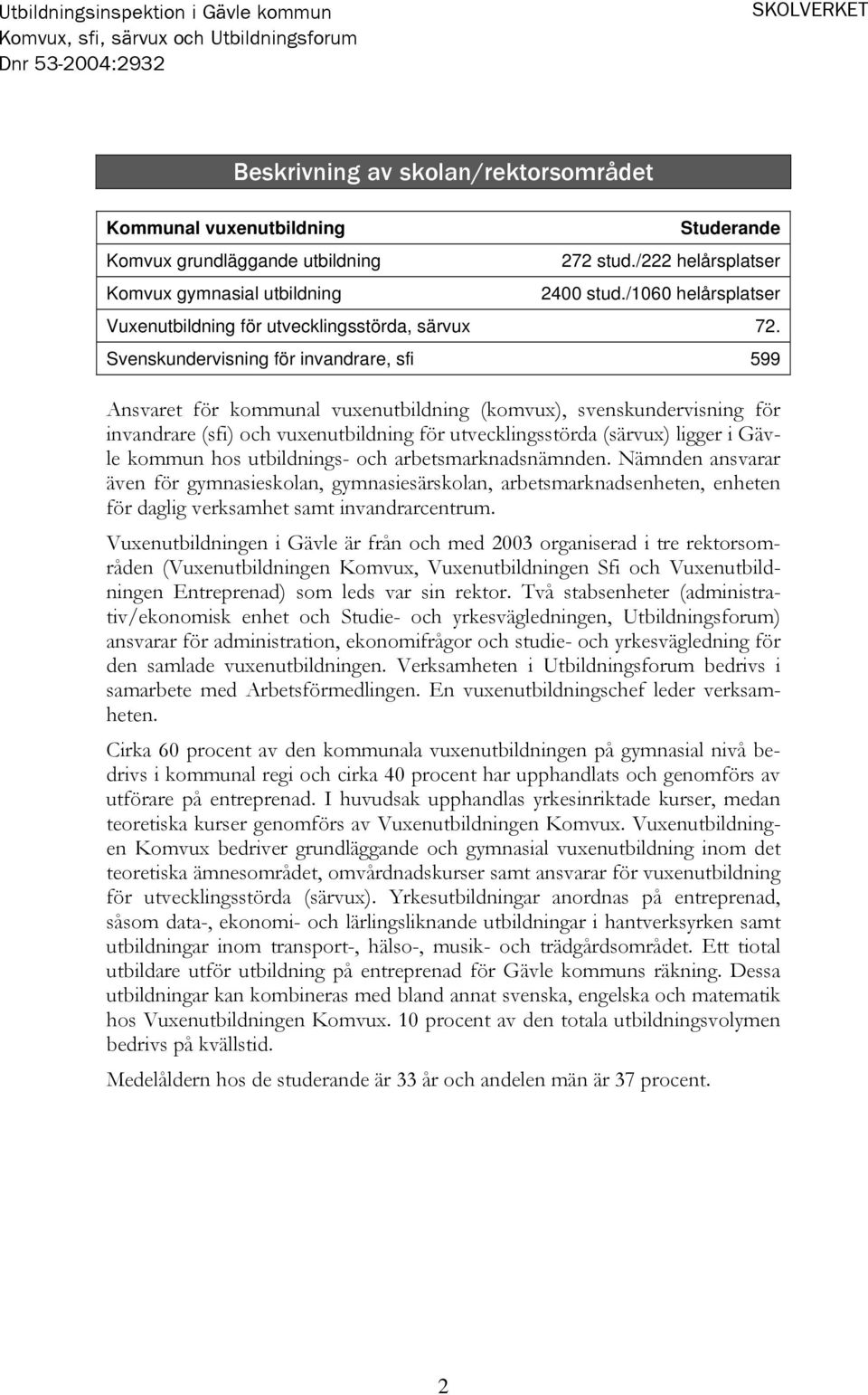 Svenskundervisning för invandrare, sfi 599 Ansvaret för kommunal vuxenutbildning (komvux), svenskundervisning för invandrare (sfi) och vuxenutbildning för utvecklingsstörda (särvux) ligger i Gävle