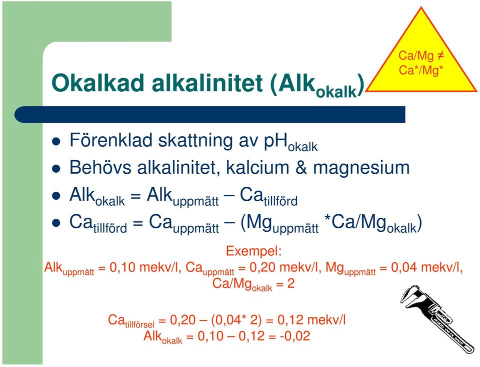 (Mg uppmätt *Ca/Mg okalk ) Exempel: Alk uppmätt = 0,10 mekv/l, Ca uppmätt = 0,20 mekv/l, Mg