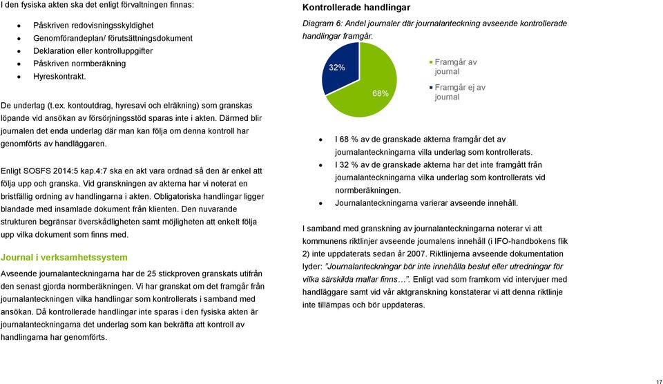 Därmed blir journalen det enda underlag där man kan följa om denna kontroll har genomförts av handläggaren. Enligt SOSFS 2014:5 kap.