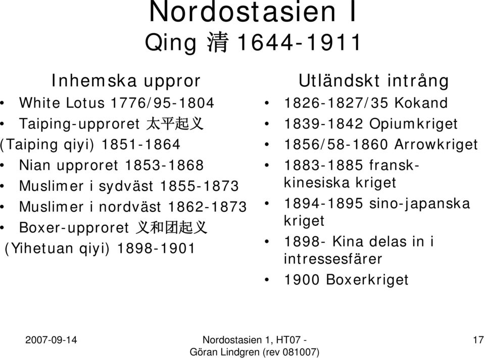 (Yihetuan qiyi) 1898-1901 Utländskt intrång 1826-1827/35 Kokand 1839-1842 Opiumkriget 1856/58-1860 Arrowkriget