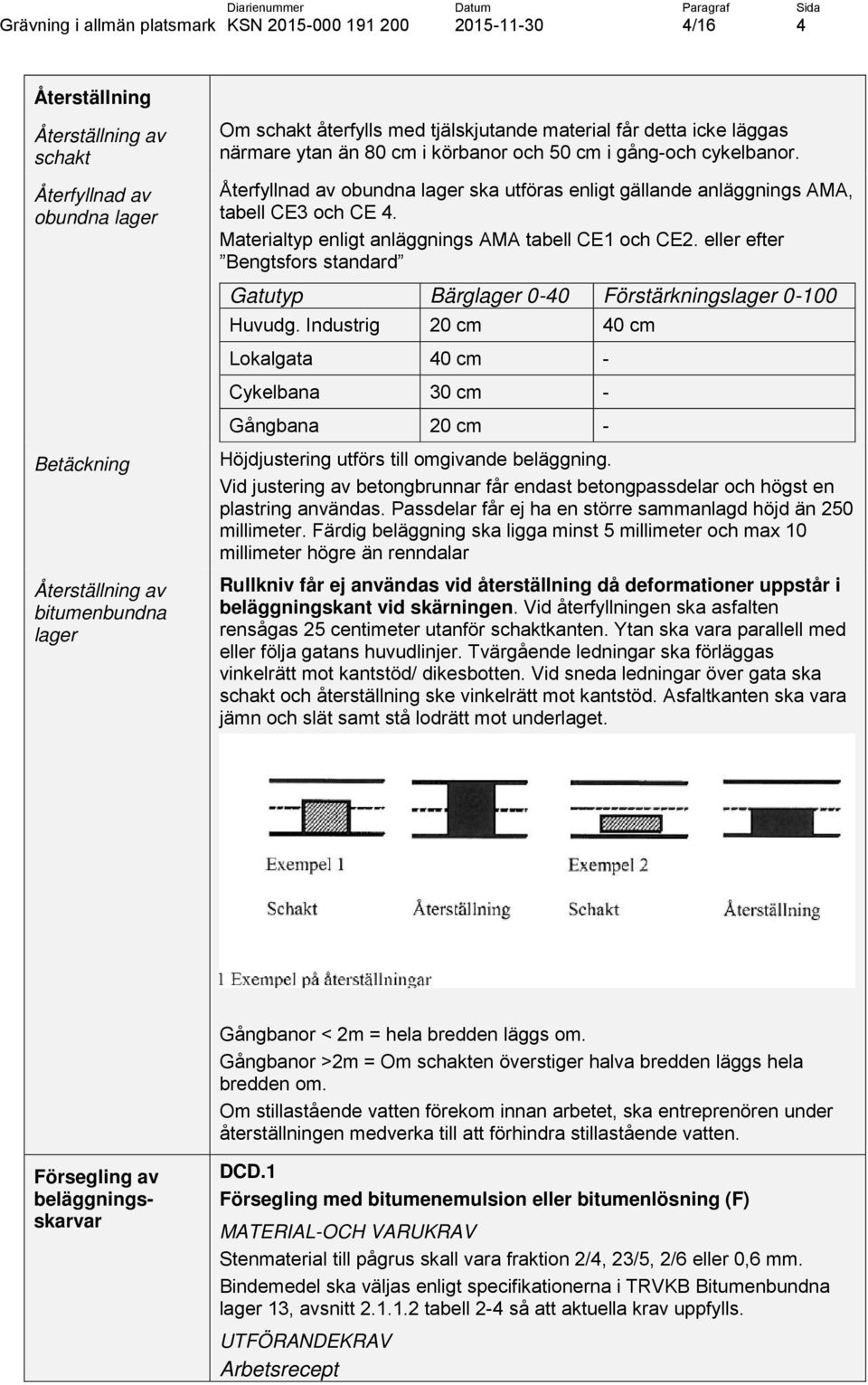 Materialtyp enligt anläggnings AMA tabell CE1 och CE2. eller efter Bengtsfors standard Gatutyp Bärglager 0-40 Förstärkningslager 0-100 Huvudg.