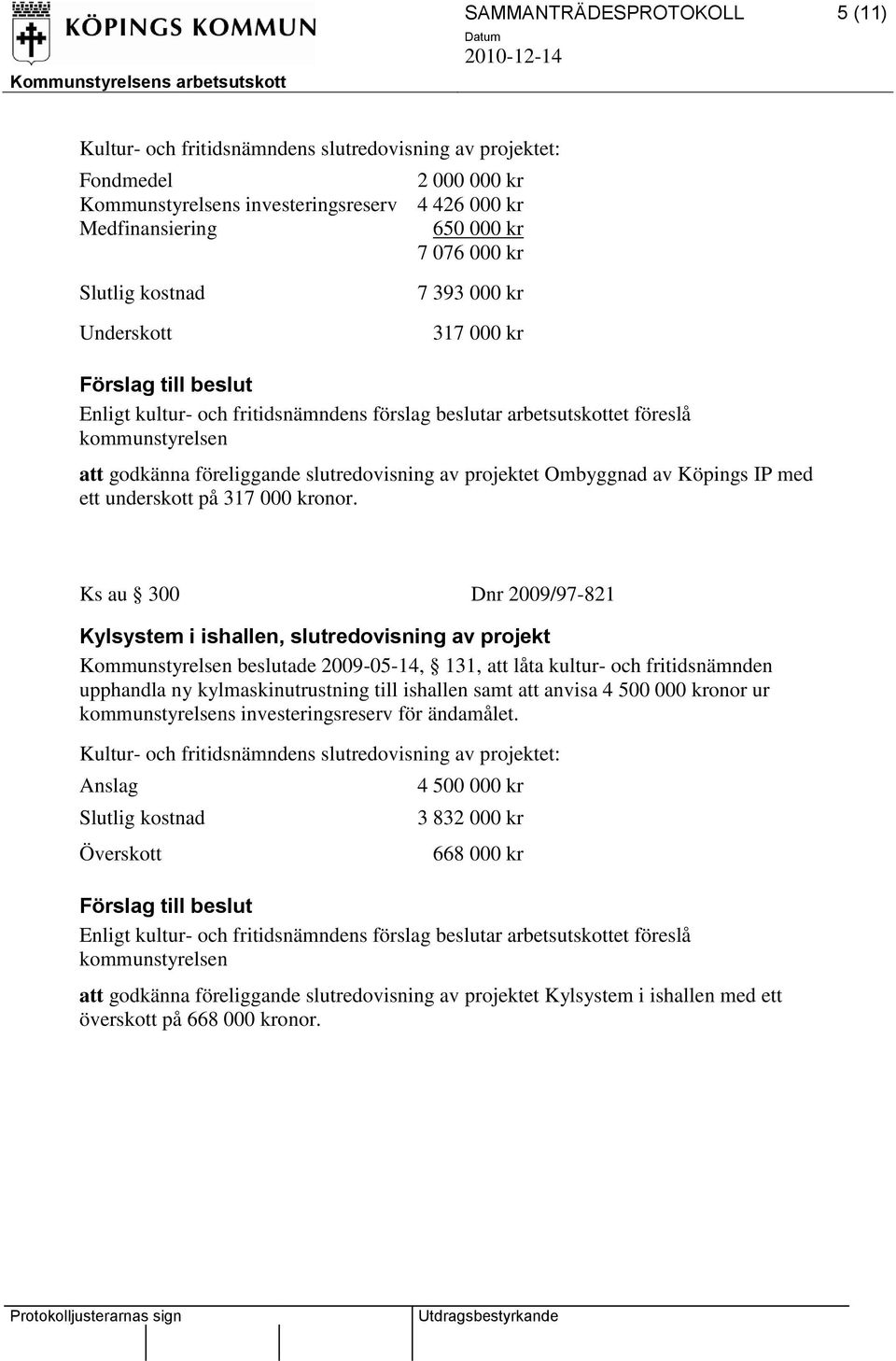 slutredovisning av projektet Ombyggnad av Köpings IP med ett underskott på 317 000 kronor.