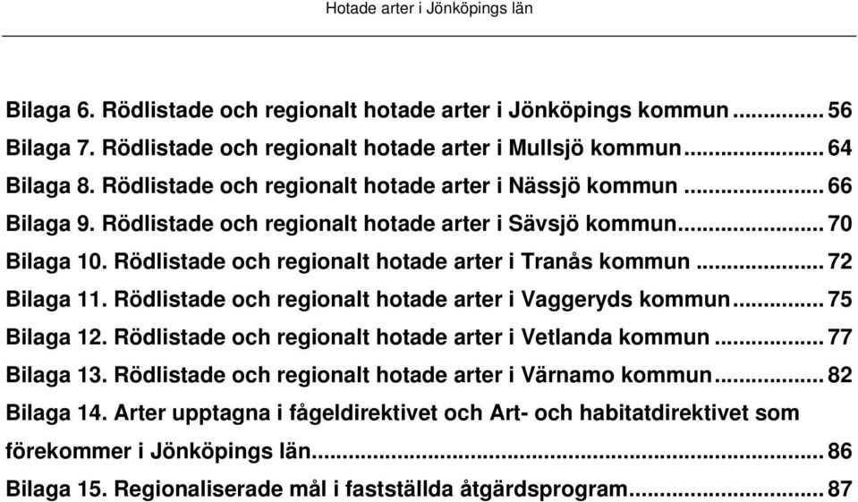 .. 72 Bilaga 11. Rödlistade och regionalt hotade arter i Vaggeryds kommun... 75 Bilaga 12. Rödlistade och regionalt hotade arter i Vetlanda kommun... 77 Bilaga 13.