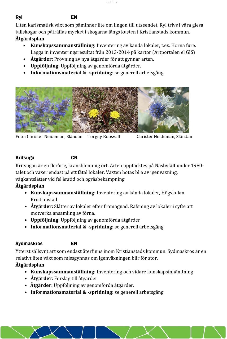 Lägga in inventeringsresultat från 2013 2014 på kartor (Artportalen el GIS) Åtgärder: Prövning av nya åtgärder för att gynnar arten. Uppföljning: Uppföljning av genomförda åtgärder.