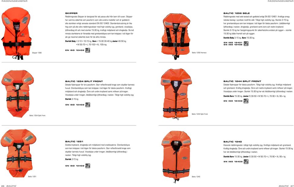 Standardutrustning är lika hög som på alla våra räddningsvästar med high visbility tyg, grenband, visselpipa, lyfthandtag till och med storlek 15-30 kg, kraftigt midjeband och dragkedja.