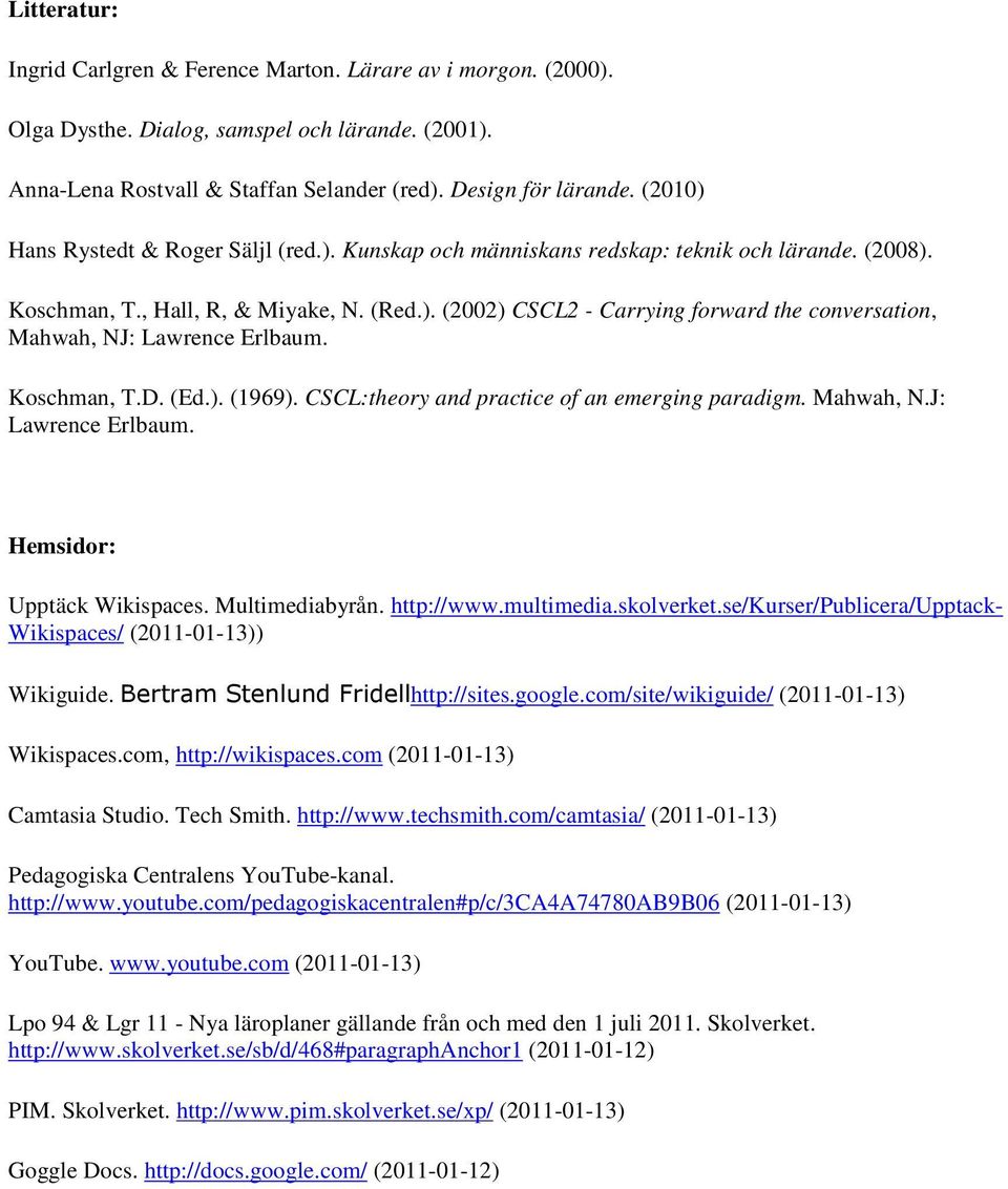 Koschman, T.D. (Ed.). (1969). CSCL:theory and practice of an emerging paradigm. Mahwah, N.J: Lawrence Erlbaum. Hemsidor: Upptäck Wikispaces. Multimediabyrån. http://www.multimedia.skolverket.