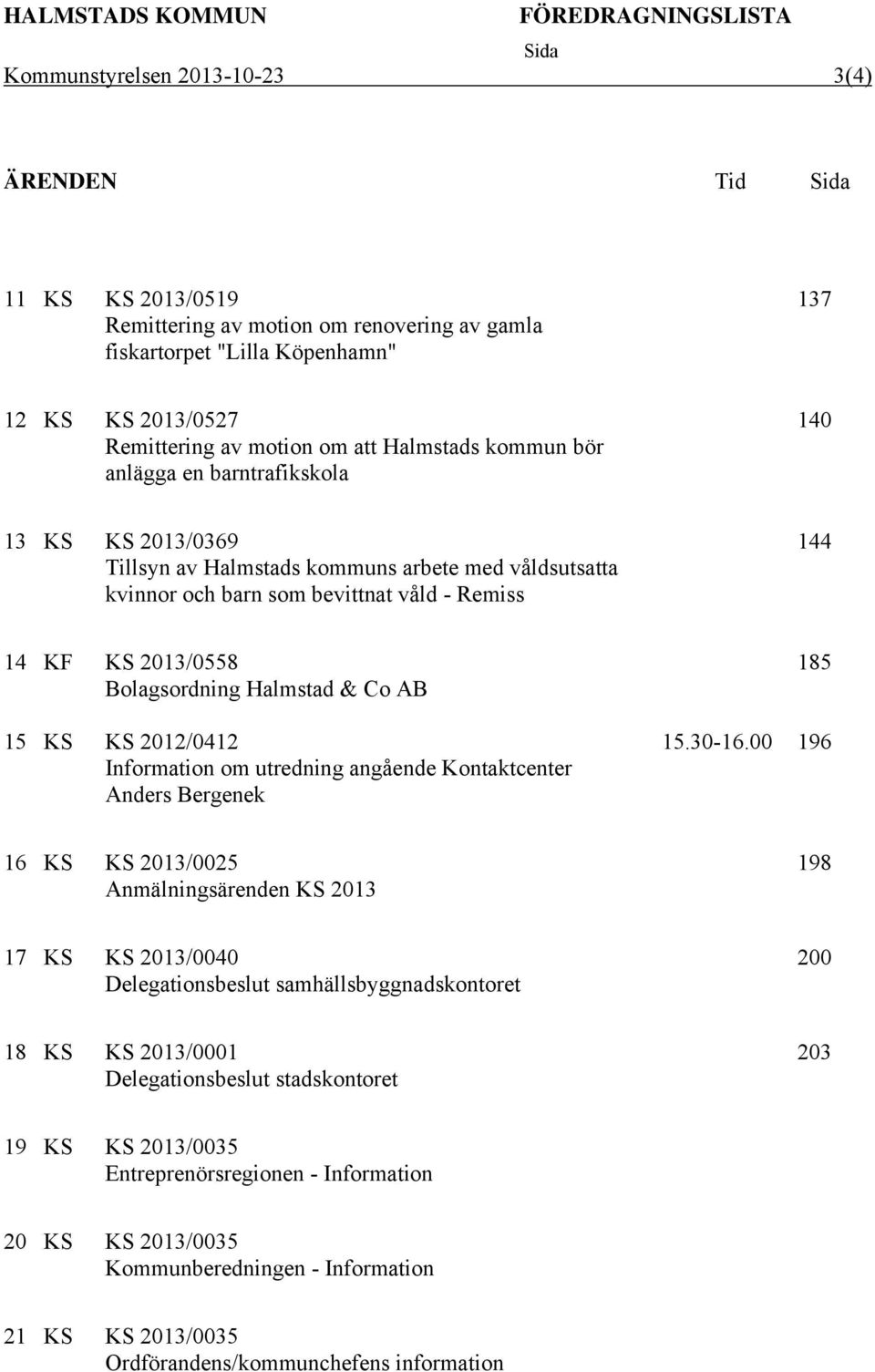 - Remiss 144 14 KF KS 2013/0558 Bolagsordning Halmstad & Co AB 15 KS KS 2012/0412 Information om utredning angående Kontaktcenter Anders Bergenek 185 15.30-16.