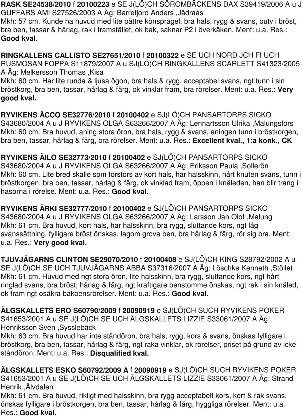 RINGKALLENS CALLISTO SE27651/2010 f 20100322 e SE UCH NORD JCH FI UCH RUSMOSAN FOPPA S11879/2007 A u SJ(LÖ)CH RINGKALLENS SCARLETT S41323/2005 A Äg: Melkersson Thomas,Kisa Mkh: 60 cm.