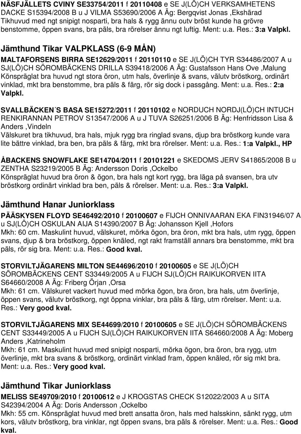 Jämthund Tikar VALPKLASS (6-9 MÅN) MALTAFORSENS BIRRA SE12629/2011 f 20110110 e SE J(LÖ)CH TYR S34486/2007 A u SJ(LÖ)CH SÖROMBÄCKENS DRILLA S39418/2006 A Äg: Gustafsson Hans Ove,Malung Könspräglat