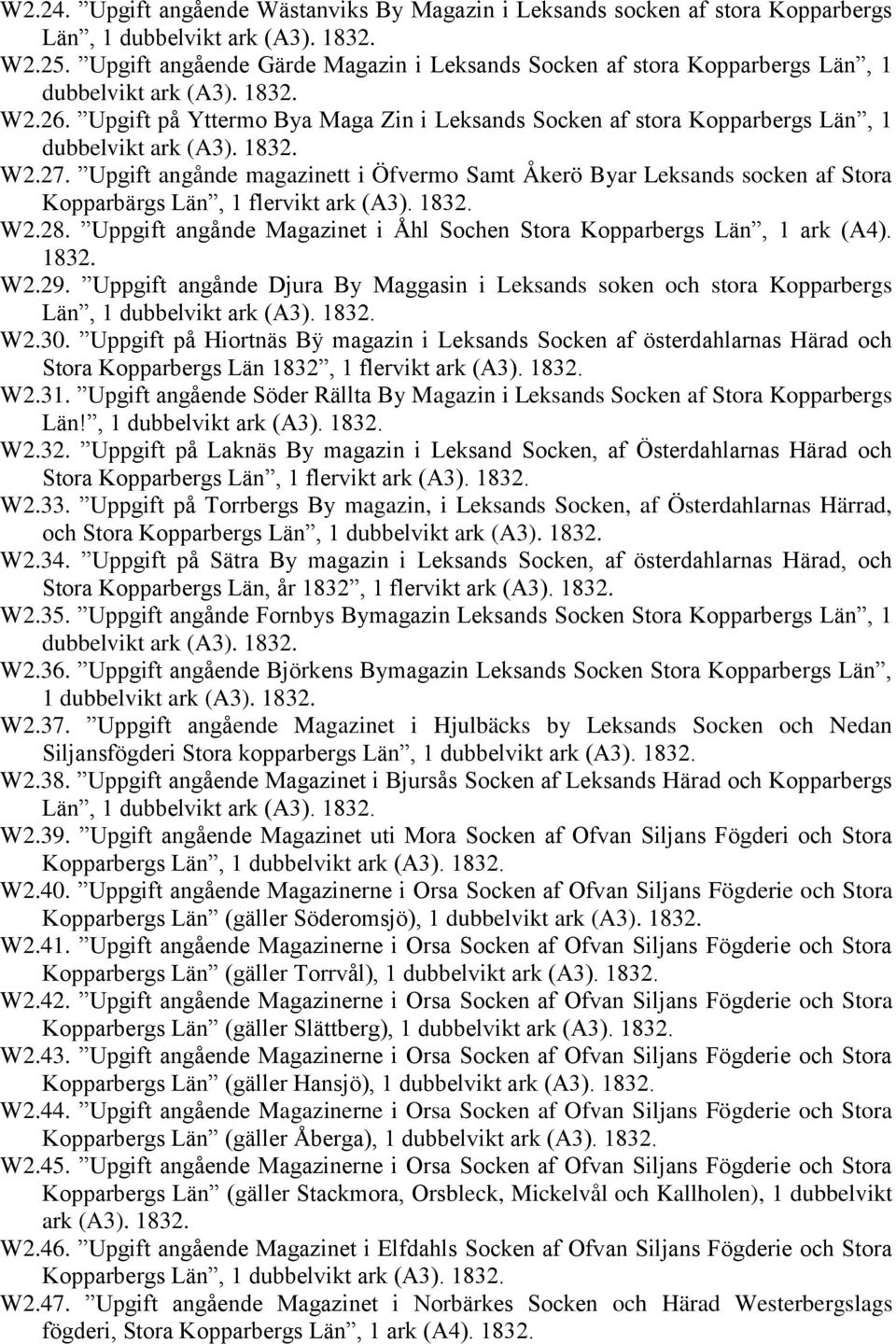 W2.28. Uppgift angånde Magazinet i Åhl Sochen Stora Kopparbergs Län, 1 ark (A4). 1832. W2.29. Uppgift angånde Djura By Maggasin i Leksands soken och stora Kopparbergs W2.30.