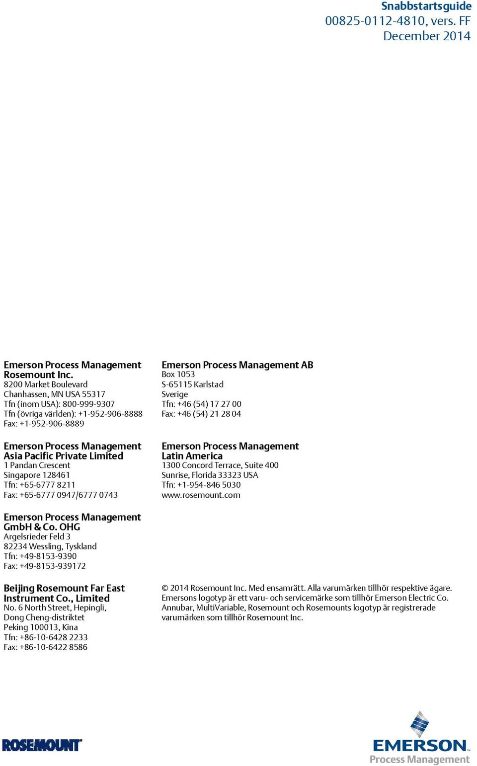 Crescent Singapore 128461 Tfn: +65-6777 8211 Fax: +65-6777 0947/6777 0743 Emerson Process Management AB Box 1053 S-65115 Karlstad Sverige Tfn: +46 (54) 17 27 00 Fax: +46 (54) 21 28 04 Emerson Process