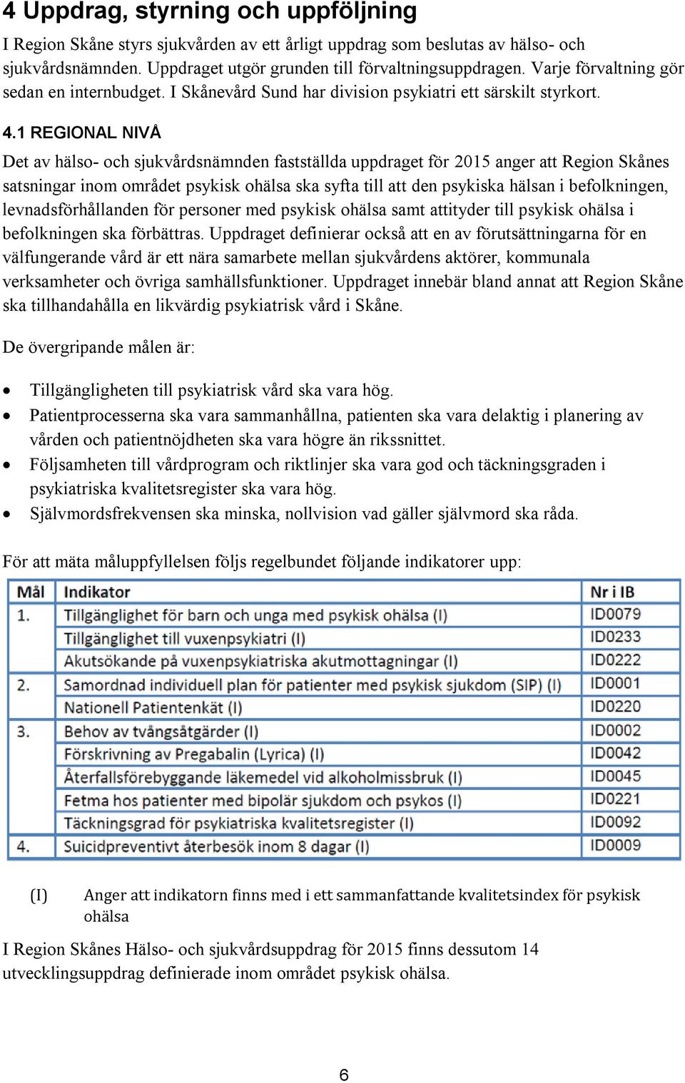 1 REGIONAL NIVÅ Det av hälso- och sjukvårdsnämnden fastställda uppdraget för 2015 anger att Region Skånes satsningar inom området psykisk ohälsa ska syfta till att den psykiska hälsan i befolkningen,