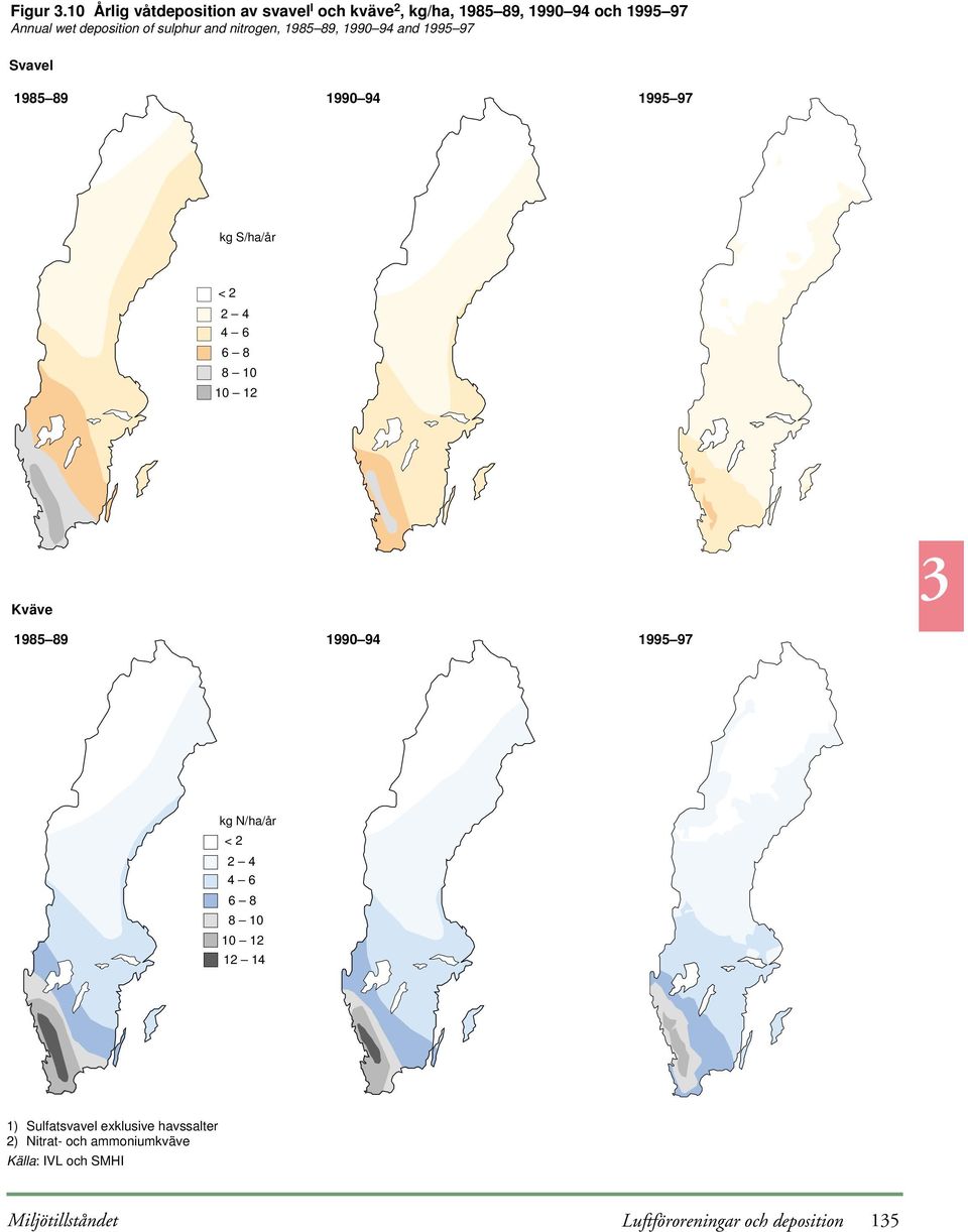 deposition of sulphur and nitrogen, 985 89, 99 9 and 995 97 985 89 99 9 995 97 kg S/ha/år <