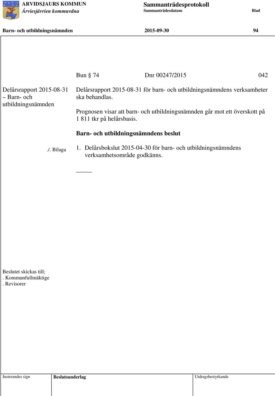 Prognosen visar att barn- och utbildningsnämnden går mot ett överskott på 1 811 tkr på helårsbasis. Barn- och utbildningsnämndens beslut./. Bilaga 1.